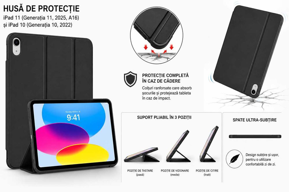 Husă de protecție pentru iPad 11″ (generația 11, 2025 – A16) și iPad 10,9″ (generația 10, 2022), cu suport pliabil, spate ultra-subțire