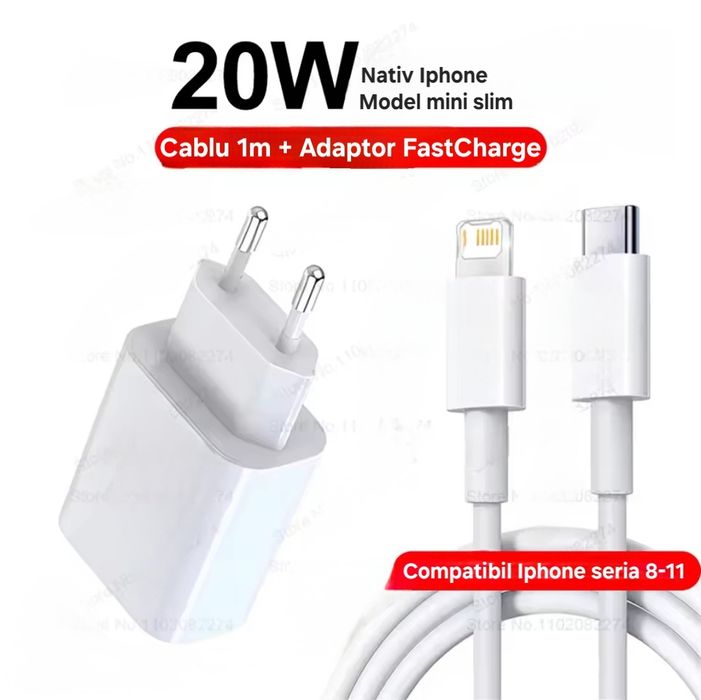 Set încărcător+cablu 1m Usb-Ios. Fastcharge. Iphone/Ipad/Ipod.