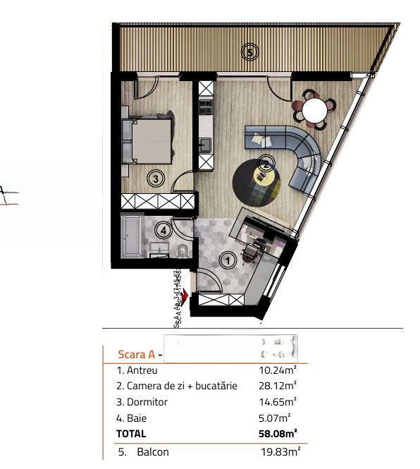 Apartament 2 camere, 58 mp, semifinisat, terasa 20 mp, zona Soporului
