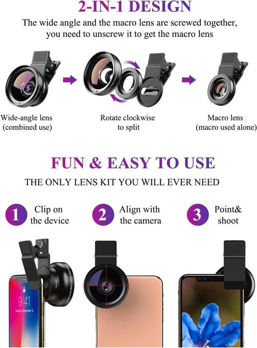 Lentila 2-in-1 macro 12.5x si wide angle 0.45x cu clip pentru telefon