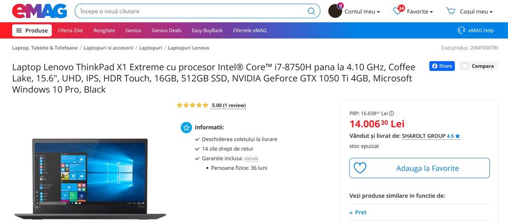 Laptop rar ultrabook  Lenovo X1 Extreme Carbon 4K touch, i7, 1050 ti