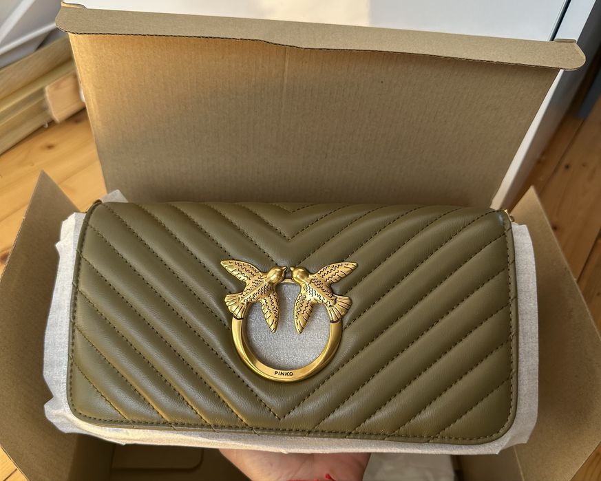 Чанта Pinko Love Click Baguette Mini Chervon маслинено зелена
