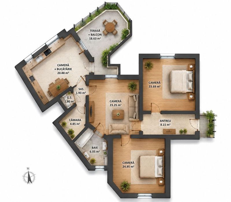 Apartament cu 4 camere si terasa si curte proprie, langa primarie