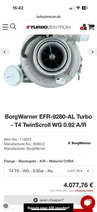 Турбо BorgWarner EFR-9280-AL Turbo - T4 TwinScroll WG 0.92 A/R
