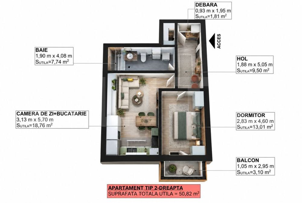 Apartament 2 camere, 50.82 mp, zona Libertatii