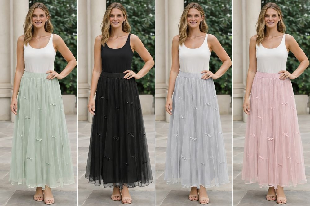 Fustă lungă damă elegantă cu fundițe – talie elastică, model modern