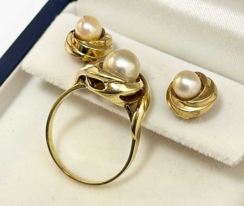 Inel si cercei din aur galben 14K cu perla de cultura