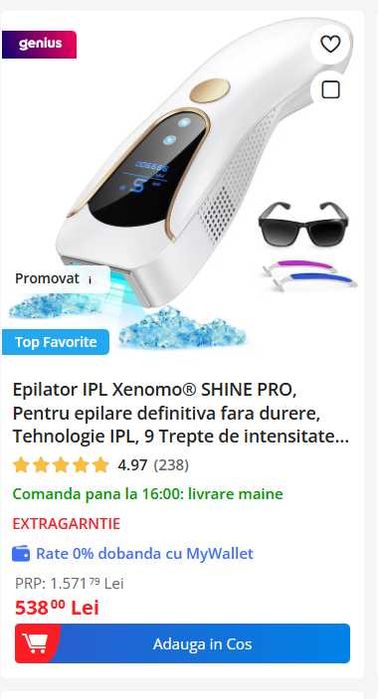 Aparat epilare IPL 3 în 1, 999900 flashuri,  ICE, 9 trepte intensitate