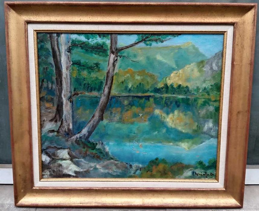 Tablou vechi - lac de munte - semnat Ghiata D