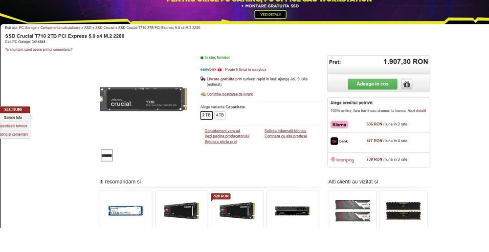 SSD Crucial T710 de  2TB PCI Express 5.0 x4 M.2 2280, nou, original , 14500 MB/s
