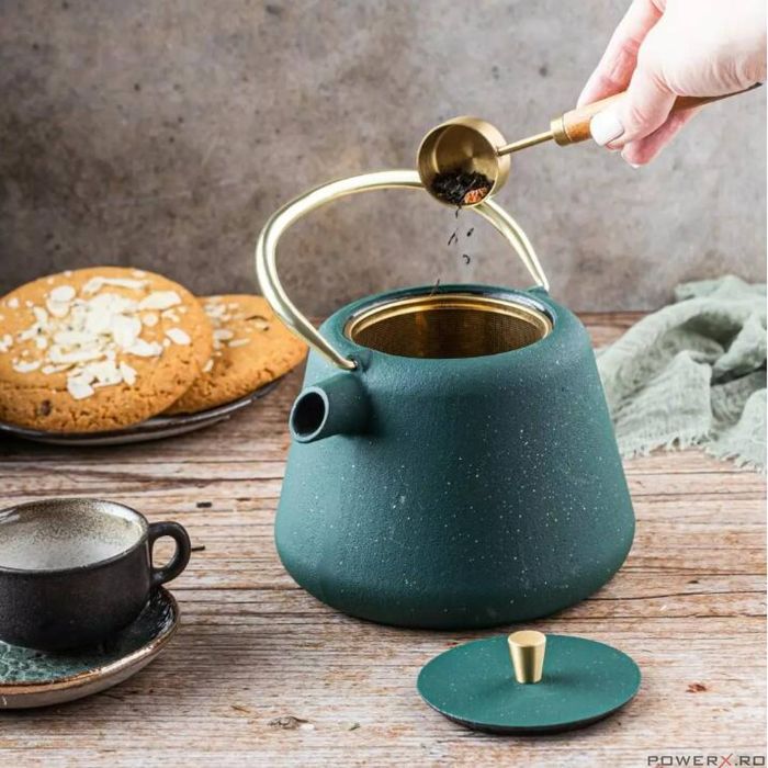 Ceainic din fonta cu strecuratoare, interior emailat, 1l, verde cu
