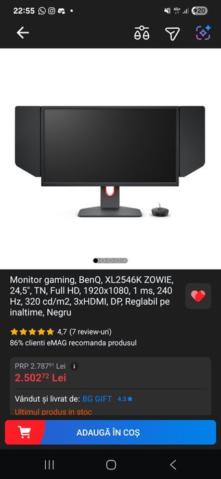 Monitor gaming, BenQ, XL2546K ZOWIE, 24,5"