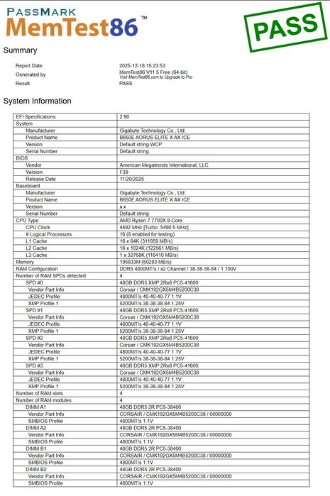 Kit 192gb ddr5 Corsair vengeance testați memtest86