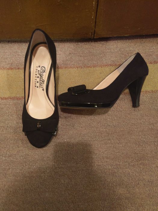 pantofi toc piele intoarsa neagra, cu funda, marimea 37