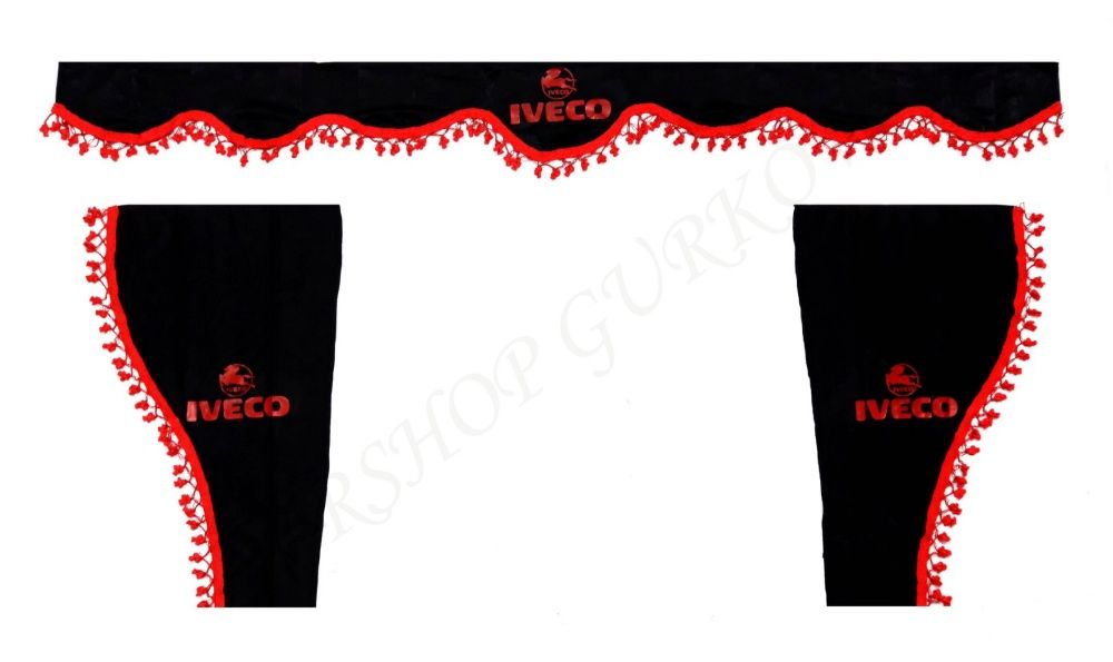 Черни пердета с червени пискюли и лого за камиони