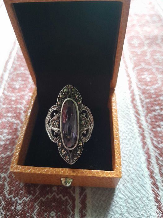 Inel argint 925 marcat, ametist și marcasite + poanson meșter