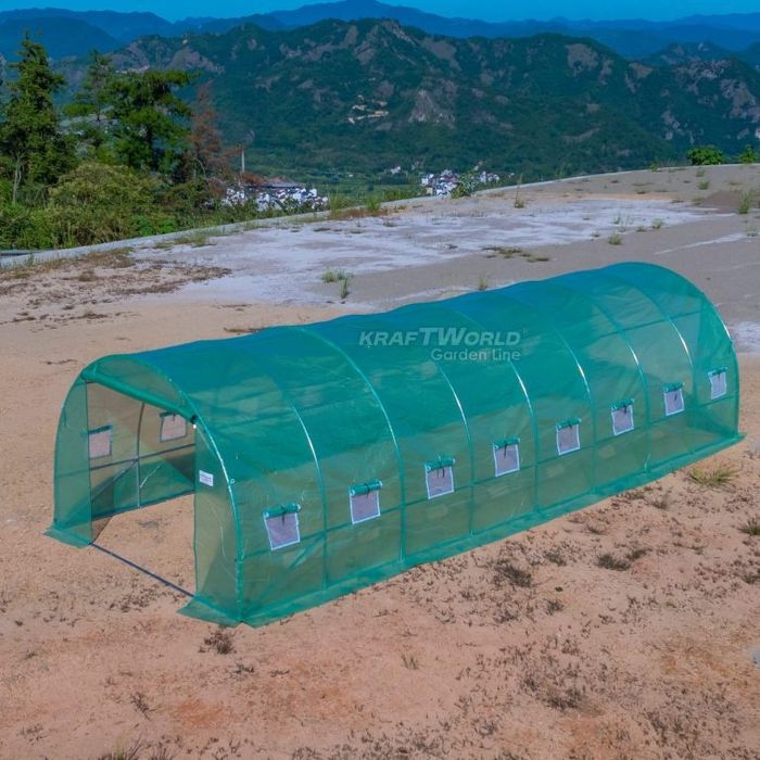Тунелна оранжерия парник 8×3×2м – подсилени тръби, UV защита и 16 проз