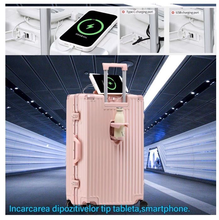 Troler de mana|cala roz & alb 54x36x24 cm, cu suport pahar si port USB