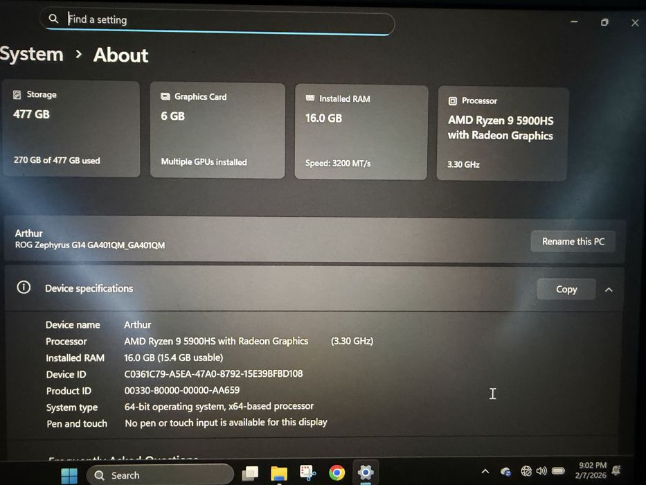Asus rog zephyrus g15 AMD Ryzen 9, placa video RTX 3060 6GB