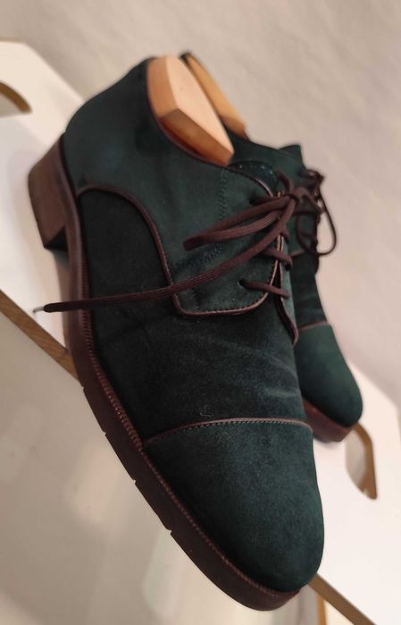 Pantofi derby 41 41.5 lucrati manual Gratiano Predin piele naturala verde