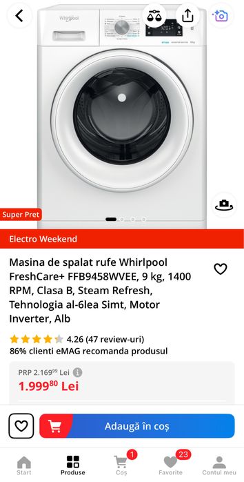 Masina de spalat rufe Whirlpool 9kg 1400 rotatii