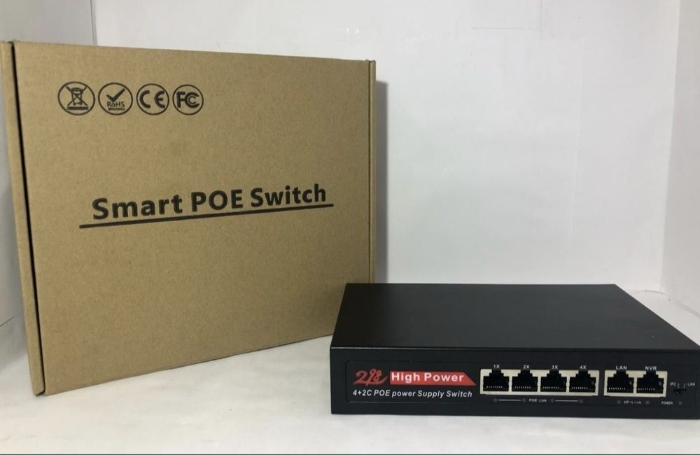 Свитч (коммутатор) PoE на 4 порта + 2 uplink, 100 mbps