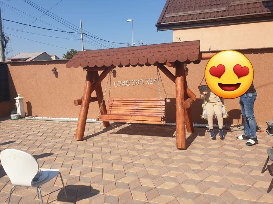 Balansoar  leagan  lemn  rotund rustic  masa cu băncuțe