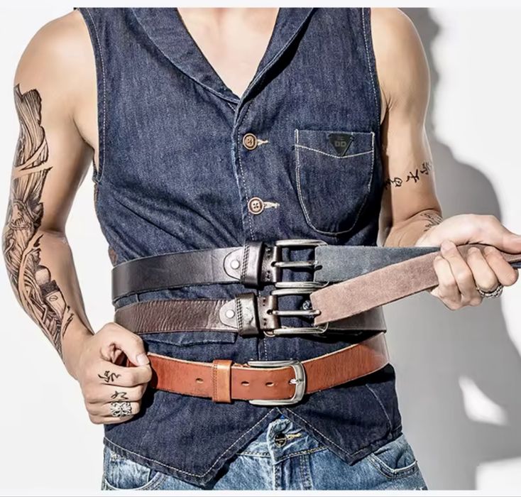 Мъжки кожени колани с двойна и квадратна катарама /Черна естест. кожа!