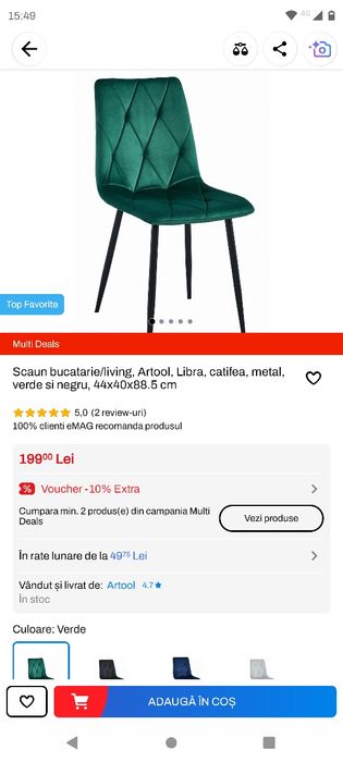 Vând set de 4 scaune bucătărie/living verde smarald