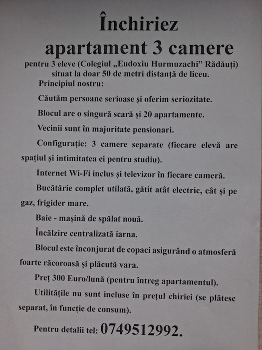 Închiriez apartament 3 camere.