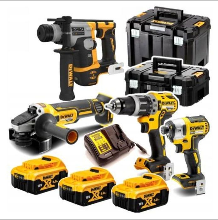 DeWALT 18V XR 4-в-1 комплект с 3 батерии 5Ah, зарядно и куфари. Професионални машини, подходящи за строителство и ремонт.