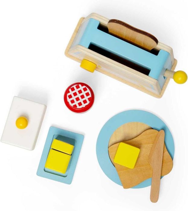 Bigjigs Toys Дървен комплект за закуска, кухненски аксесоари за игра