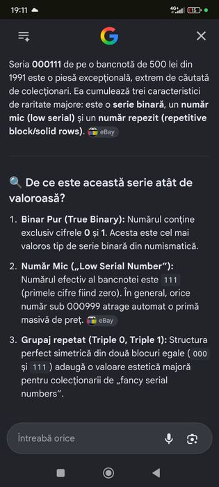 500 lei Aprilie 1991 gradată PMG 64 ,serie binară