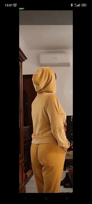 Trening din catifea fină, design superb, 2piese, galben auriu,S- M