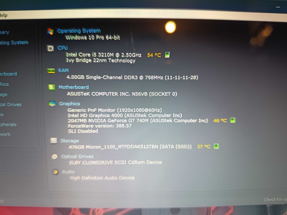 Placa baza laptop light gaming, Asus N56V + cpu core i5 3210m + 4gb ram + display full hd + tastatura iluminata