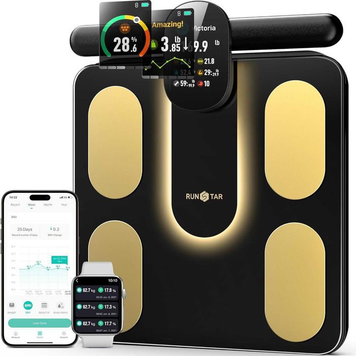 Cântar digital pentru baie cu 8 electrozi pentru greutate corporală și grăsime corporală, IMC, masă musculară și analiza a 28 de parametri corporali