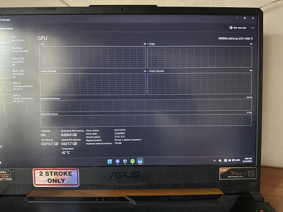 Laptop  gaming asus tuf a15 ryzen 9/gtx 1660