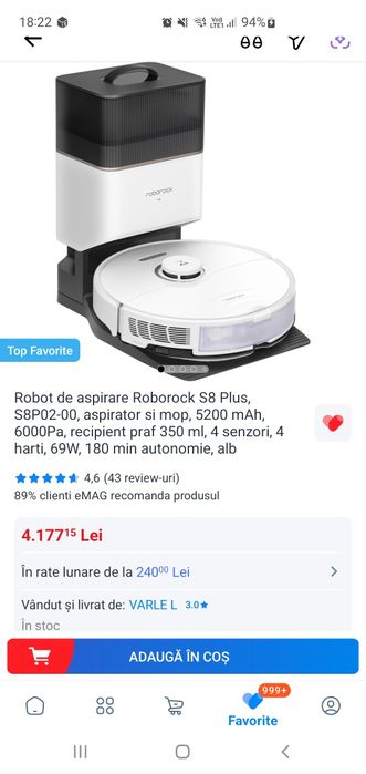 Aspirator robot Roborock S8+ garanție Emag 2 ani.