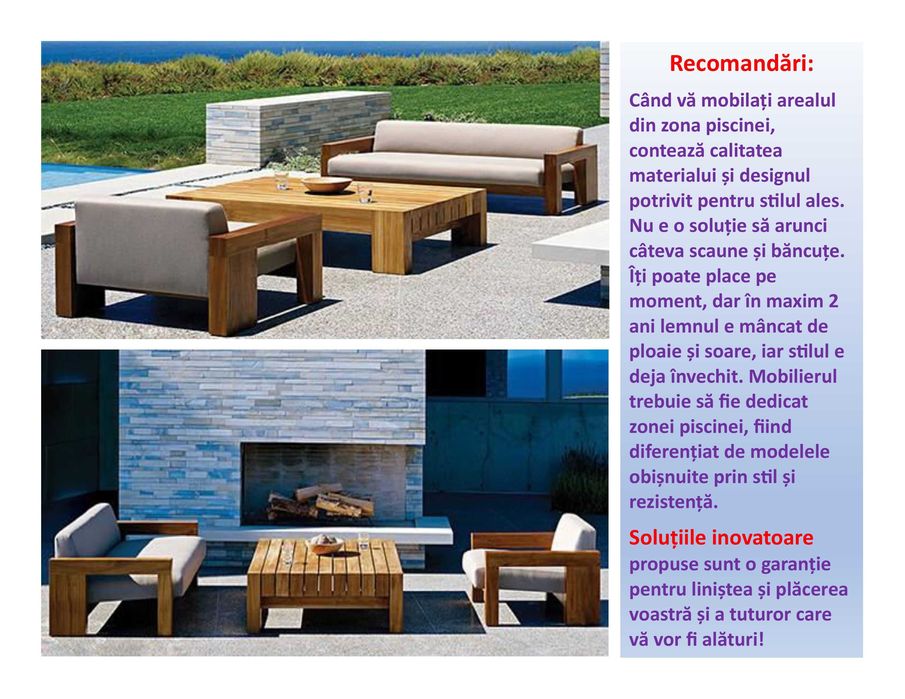 piscina mobilier lemn piatra șezlong baldachin umbrela pergola saltea