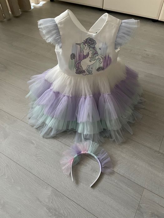 Rochiță fetițe cu volanase alb cu mov