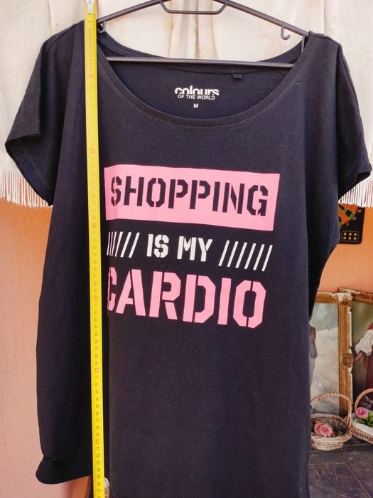 Tricou damă Colours of the World – Negru, imprimeu „Shopping is my cardio”, mărimea M