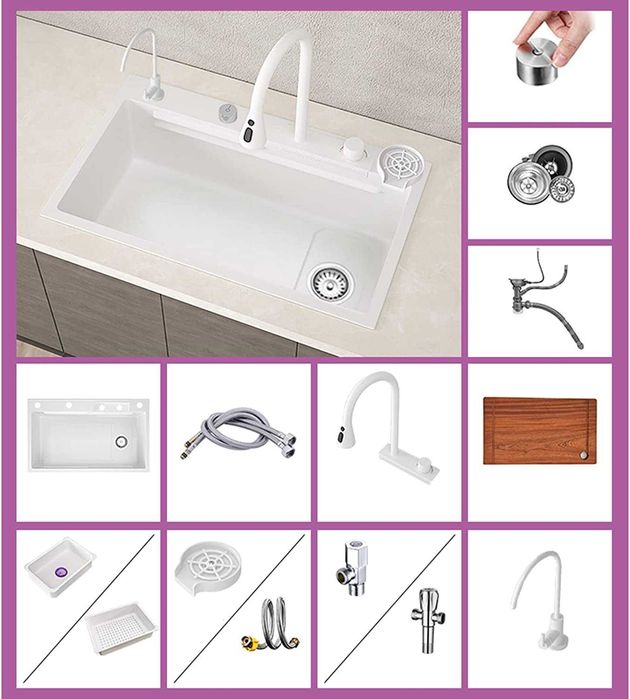 60см Висококачествена мултифункционална бяла кухненска мивка