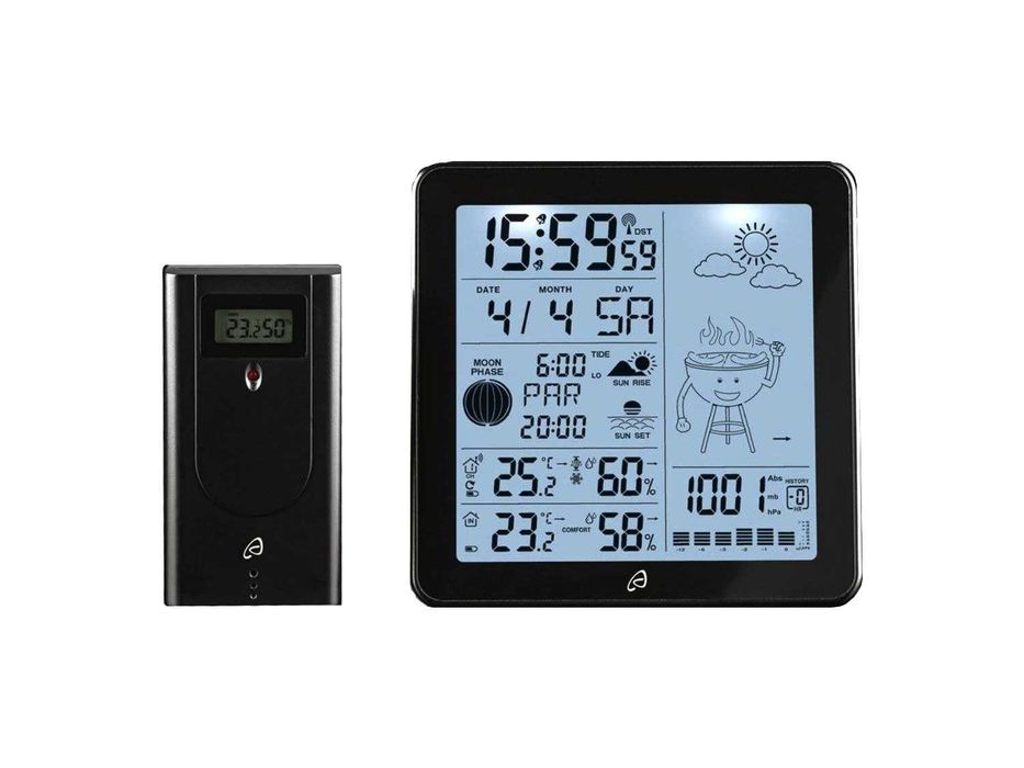 STATIE METEO interior exterior, complexa, multiple functii, cu ceas; pentru perete sau masa, noptiera; noua sigilata realizat in Germania; PERFORMANTA