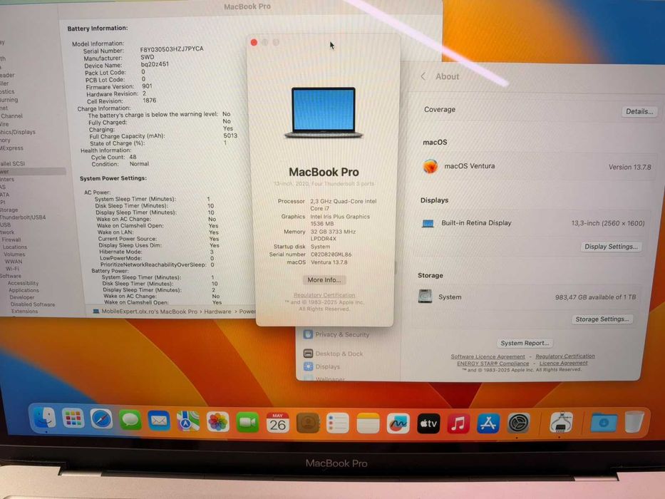 Apple MacBook Pro 13” 2020 i7 32GB RAM 1TB SSD – 48 Cicluri – Garanție 24 Luni