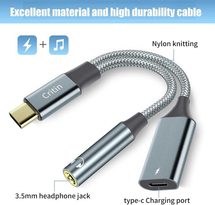 Преходник DAC USB C към 3,5 мм Aux жак за слушалки и адаптер за зарядно USB C 60W бързо зареждане