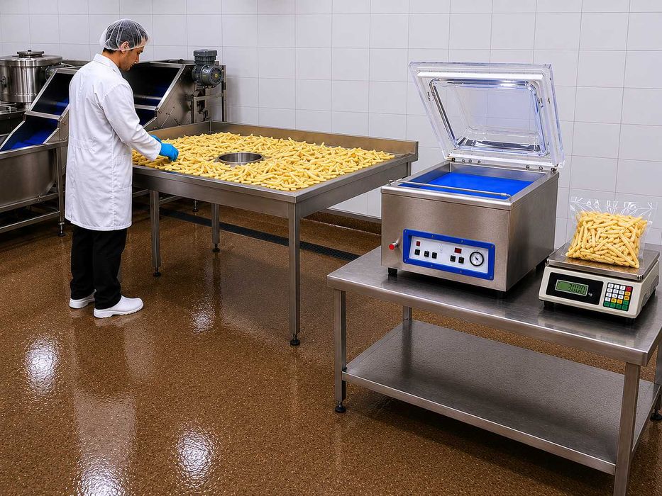 LINIE PROFESIONALĂ PENTRU PRODUCȚIA ȘI AMBALAREA CARTOFILOR TIP FRENCH FRIES – SPĂLARE, CURĂȚARE, TĂIERE, USCARE ȘI VIDARE