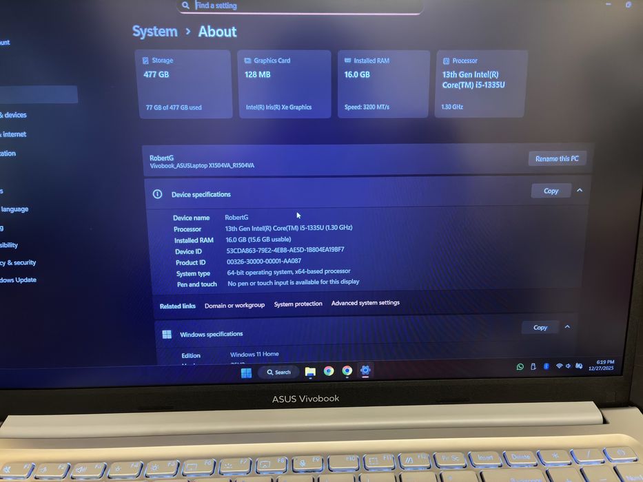 Laptop Asus Intel i5 1335U 4,6 Ghz , 16gb ram ssd 512 wif 6e Garantie