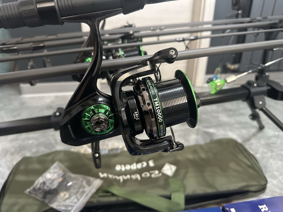 Set pescuit crap complet – 3 lansete Robinhan 3.90m + mulinete Reelsking TM10000 + Rod Pod Robinhan