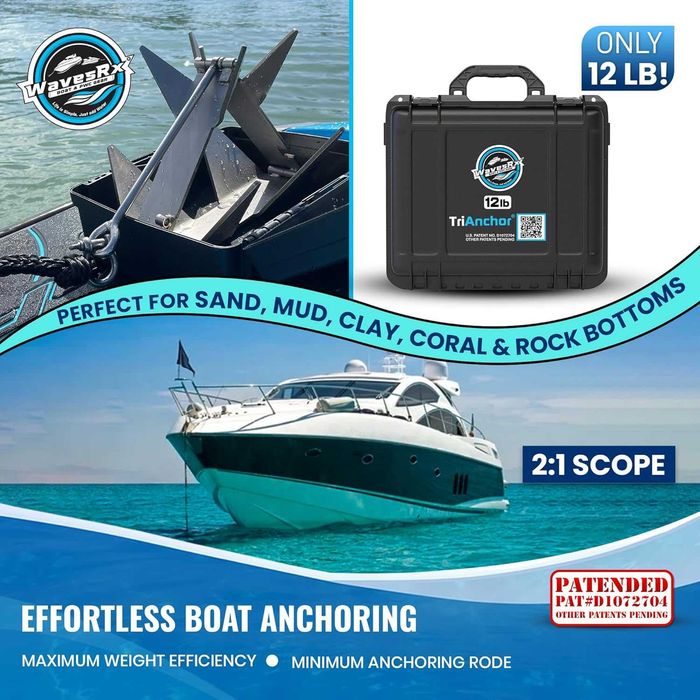 WAVESRX TriAnchor Сгъваема котва от неръждаема стомана за лодка, джет или катер, 12 lb