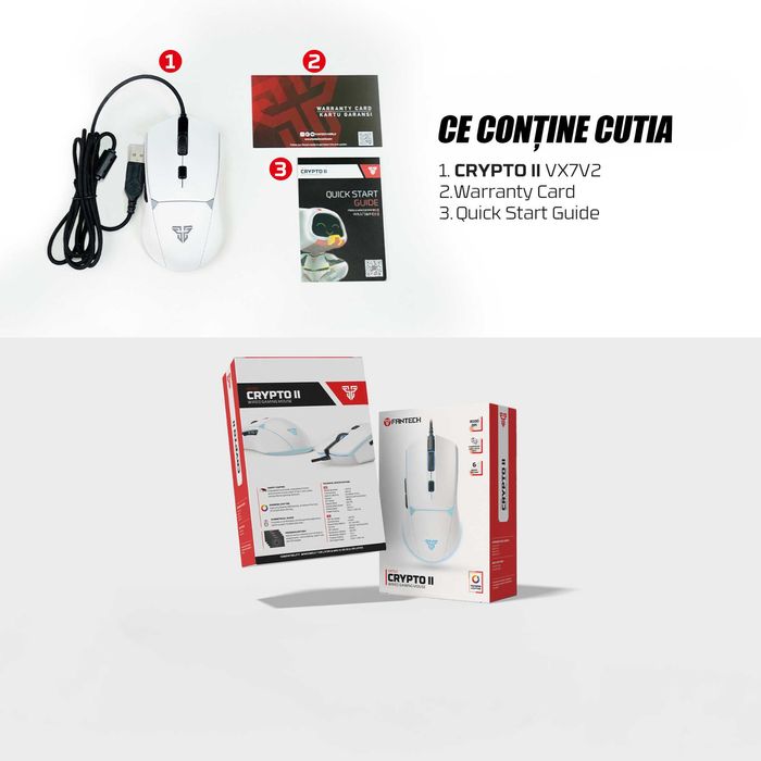 Mouse gaming TEKHERO CRYPTO II VX7V2 alb, RGB, 8000 DPI, 6 butoane programabile, USB, ergonomic lichidare stoc garanție 2 ani